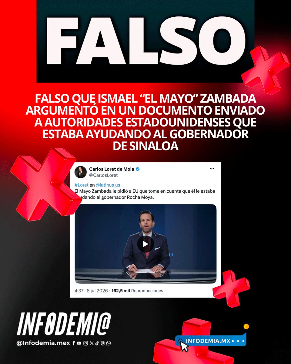 infodemiaMex's tweet photo. ❌Falso que Ismael “El Mayo” Zambada argumentó en un documento enviado a autoridades estadounidenses que estaba ayudando al gobernador de Sinaloa

✅El documento enviado a autoridades estadounidenses por Ismael “El Mayo” Zambada no menciona en ningún momento el nombre del gobernador con licencia de Sinaloa, Rubén Rocha Moya.

▶️Desmentido: https://t.co/xqolperVIM