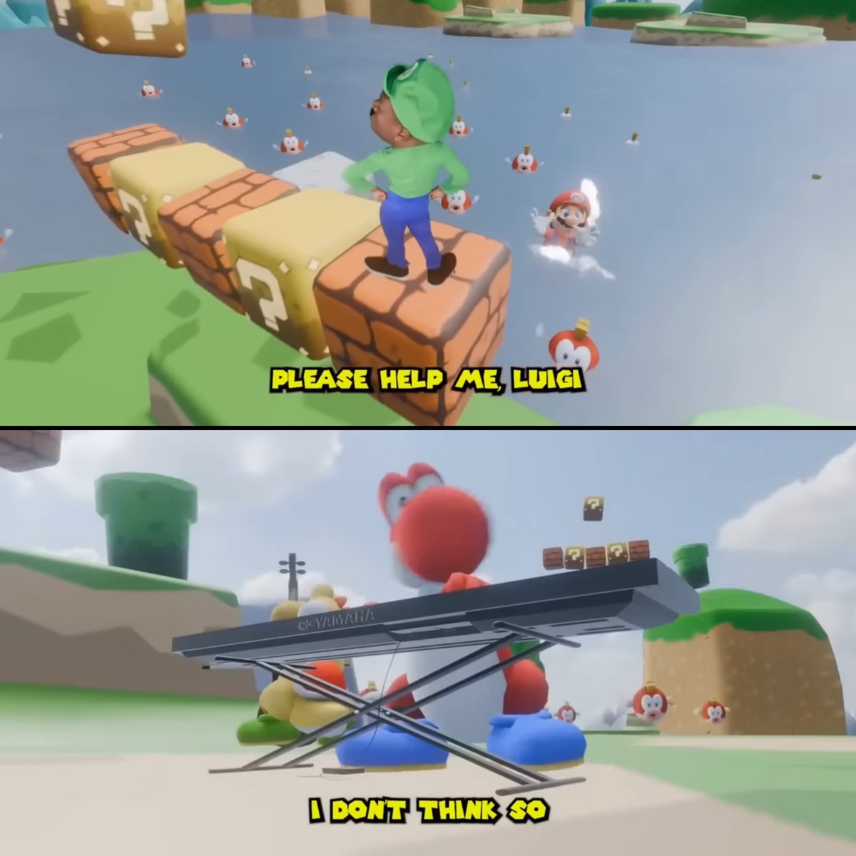mariotwtconfess's tweet photo. "Sometimes I think about how the Save Me Mario video takes place on the same fanmade island model as the Sad Mario gif, you can easily tell by the wonky block alignment and ground textures  

I can't unsee it so now it's yall's problem too" https://t.co/JMcuhsYBRA