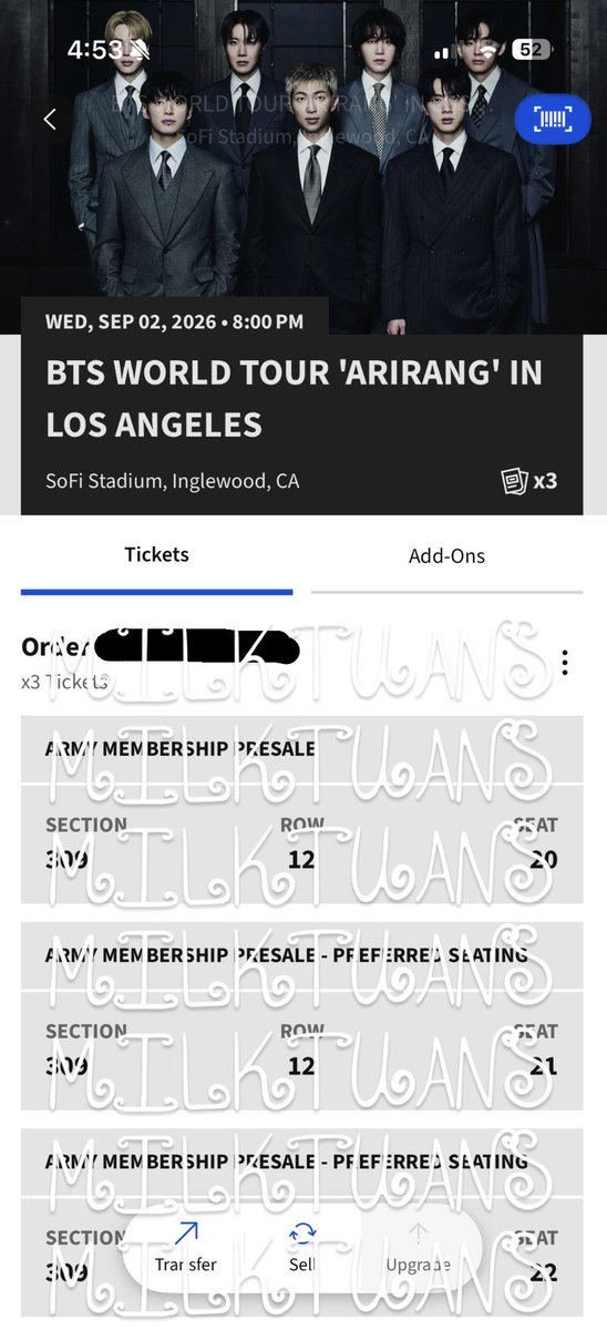 milktuans's tweet photo. wts 2 bts la sofi stadium tickets 
september 2 d2

sec 309 row 12 seat 20-22

$210 seat 20
$235 seat 21 - 22 (preferred seating )

would like to sell together !
$680 total

- can provide tix proof
- can provide proof of past tix sales

zelle / paypal f&amp;f

dm me if interested 🫶🏼 https://t.co/PTgbKFVZIr