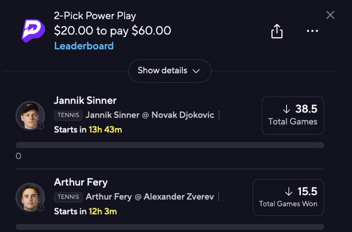 roseweedrt's tweet photo. Wimbledon 3x PrizePicks risk 1U 🎾 

Sinner Djokovic under 38.5 games
Arthur Fery under 15.5 total games won

#Wimbledon  #PrizePicks https://t.co/Nt77XjVA5P