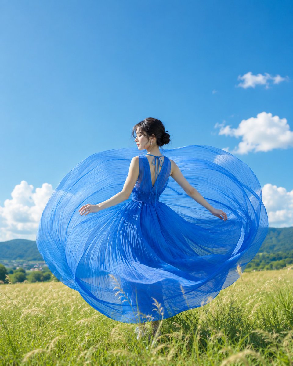 Summer Meadow Portrait with Blue Flowing Dress