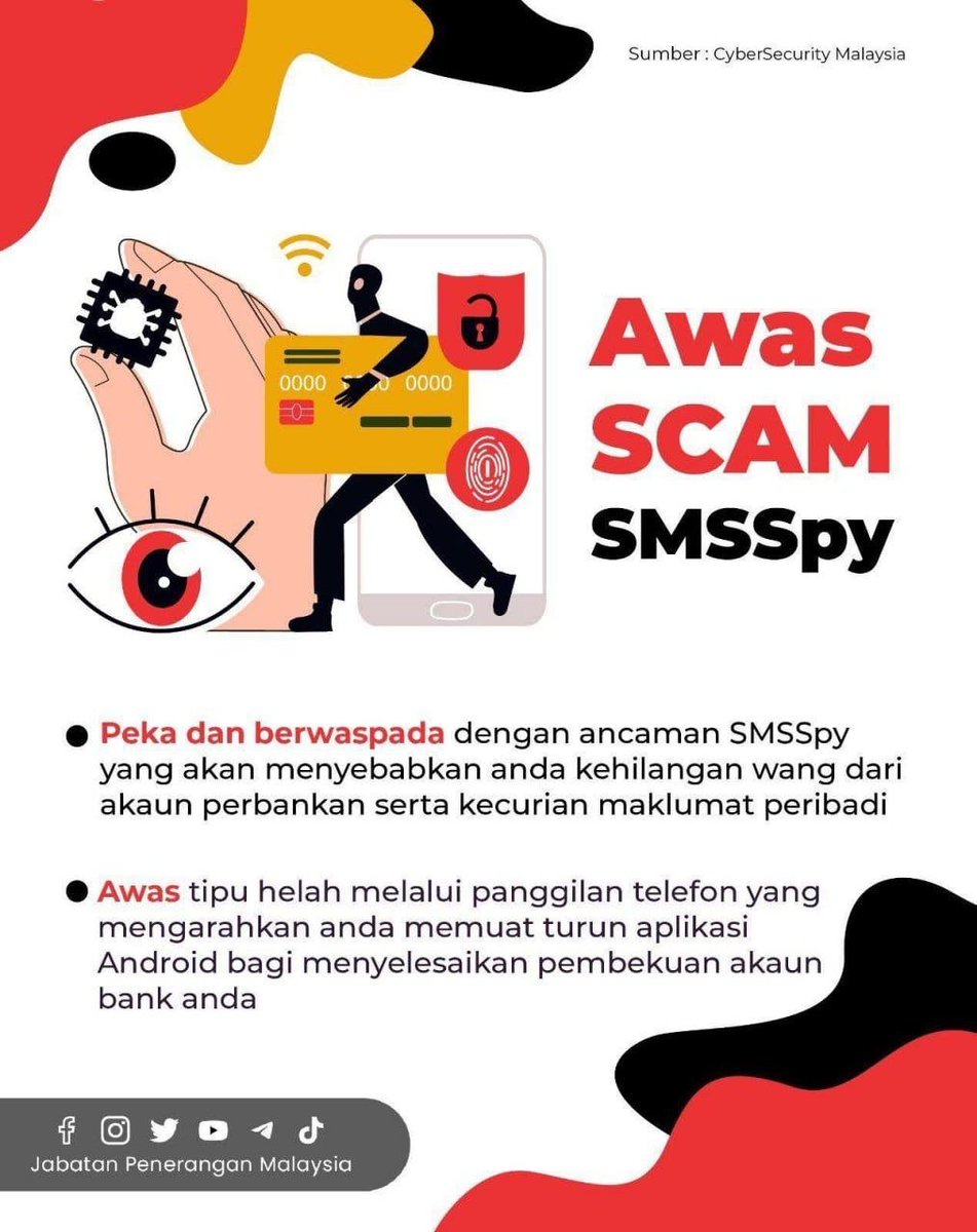 JPenerangan's tweet photo. 🚨 Awas SMSSpy — panggilan mencurigakan boleh memancing anda muat turun aplikasi berbahaya.

Ia berisiko menyebabkan kehilangan wang dan data peribadi — jangan klik, jangan muat turun, dan segera laporkan jika ragu.🔒

#RancakkanMADANI
#MADANIBekerja
#TaatSetia
#JabatanPenerangan https://t.co/jiSvQIE8rK