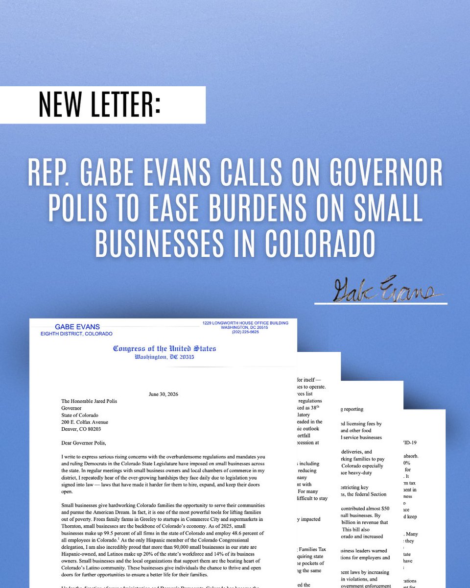 repgabeevans's tweet photo. For months, I've heard the same thing from small business owners across #CO08:

"It's getting harder to do business in Colorado."

Higher taxes. More fees. More mandates. More red tape.

I took those concerns directly to @GovofCO, urging him to ease the burdens his administration has placed on Colorado job creators.

I work for the people of Colorado—not the bureaucracy. When small businesses speak, I listen. And when I hear the same concerns over and over again, I take action.