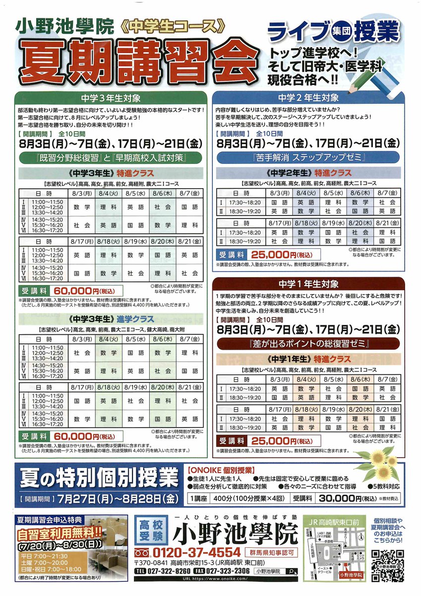 onoike_info's tweet photo. 小野池学院 【中学生コース】 
夏期講習会 中３～中１生対象。 
トップ進学校から旧帝大・医学科現役合格へ！ https://t.co/QGJ7Wk48jW 
#小野池学院 #夏期講習 #中学生 #高崎 https://t.co/jOHUqwpjAD