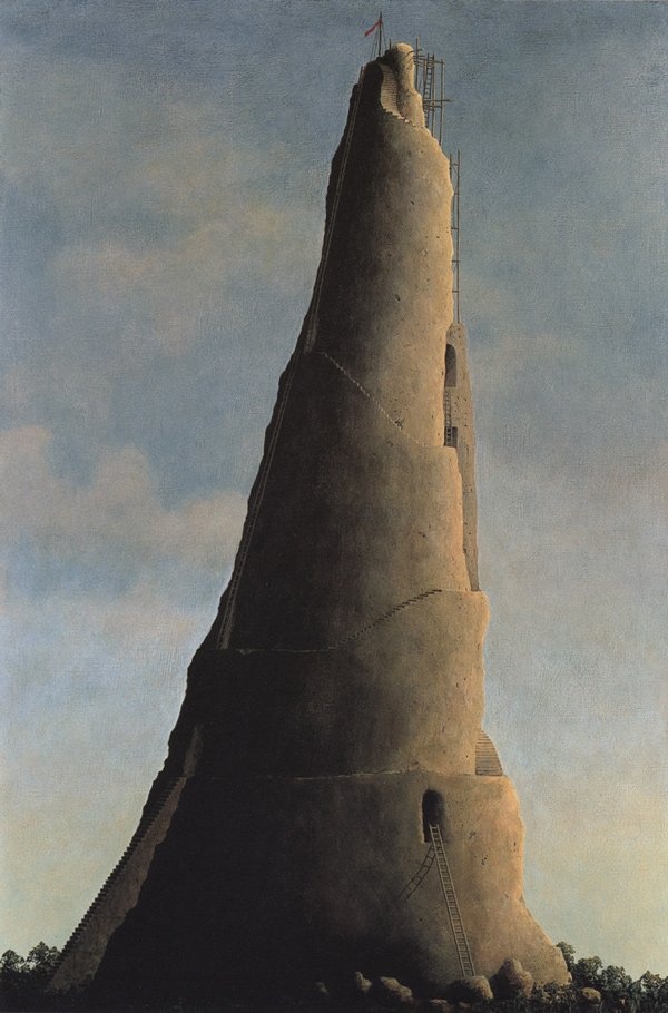 VeraCausa9's tweet photo. In these "Towers of Babel" by contemporary Japanese graphic artist Minoru Nomata, we see an architecture of alienation where each tower evokes a sense of dystopian anxiety intensified by the utter absence of humans. https://t.co/HywEicKM6N