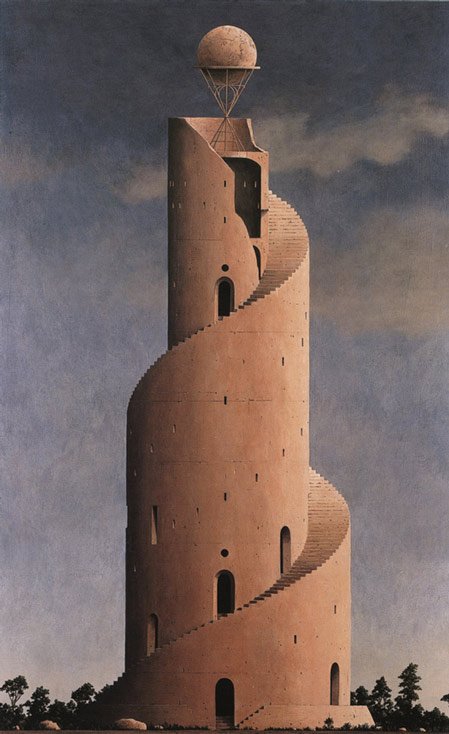 VeraCausa9's tweet photo. In these "Towers of Babel" by contemporary Japanese graphic artist Minoru Nomata, we see an architecture of alienation where each tower evokes a sense of dystopian anxiety intensified by the utter absence of humans. https://t.co/HywEicKM6N