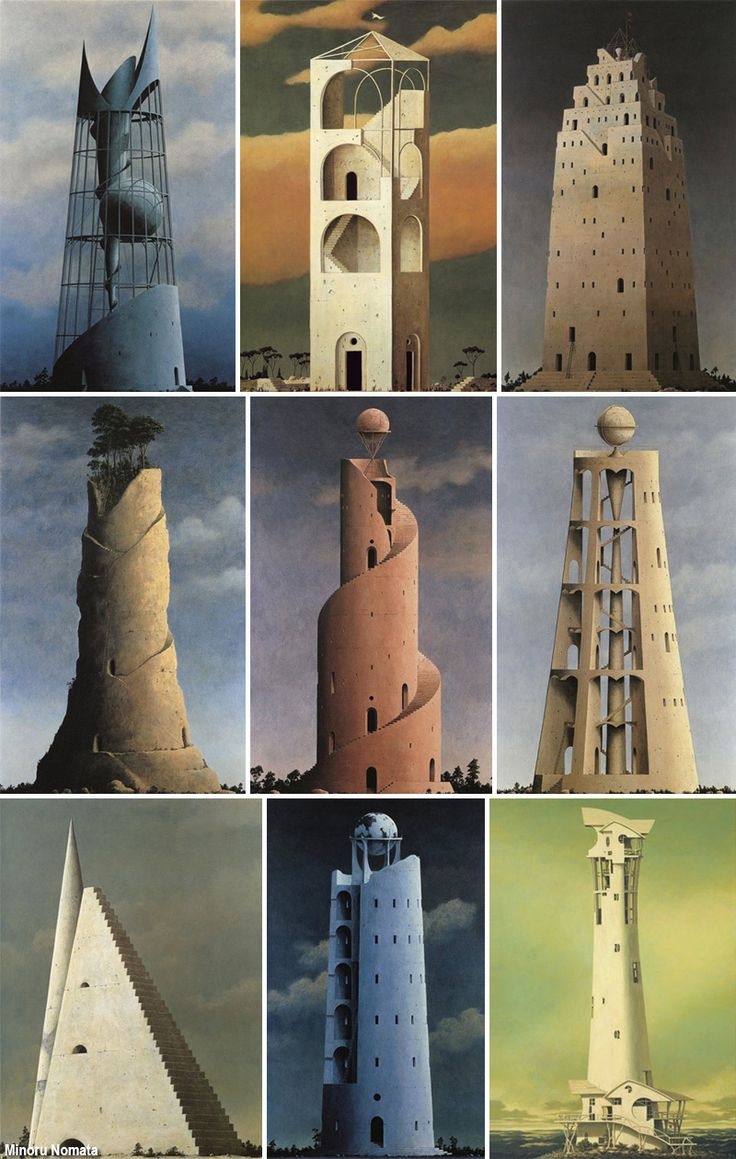 VeraCausa9's tweet photo. In these "Towers of Babel" by contemporary Japanese graphic artist Minoru Nomata, we see an architecture of alienation where each tower evokes a sense of dystopian anxiety intensified by the utter absence of humans. https://t.co/HywEicKM6N