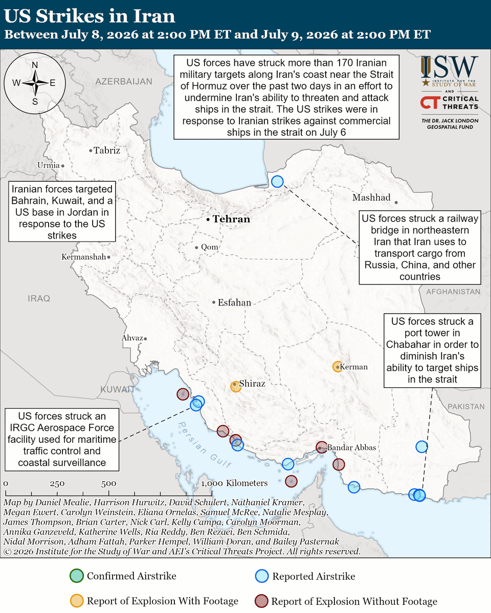 criticalthreats's tweet photo. NEW I Iran is threatening the resumption of large-scale conflict by striking civilian vessels and the Gulf states to try to achieve permanent control over the Strait of Hormuz. Iran’s attacks illustrate that Iran views control over the strait as its primary strategic deterrent and that Iran is unlikely to abandon its efforts to control the strait in response to opposition from the Gulf states. (1/5)