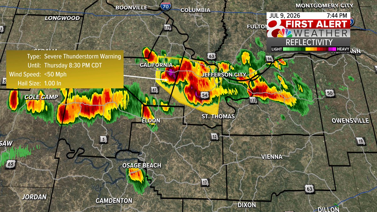 KOMUMatt's tweet photo. 7:45PM Thursday: Watching for some hail out of this storm in Moniteau & Cole County. Localized flash flooding is possible too as we see heavy rainfall rates with this slow moving storm. #MidMoWx #MoWx #MidMo https://t.co/DRcnmWrj63