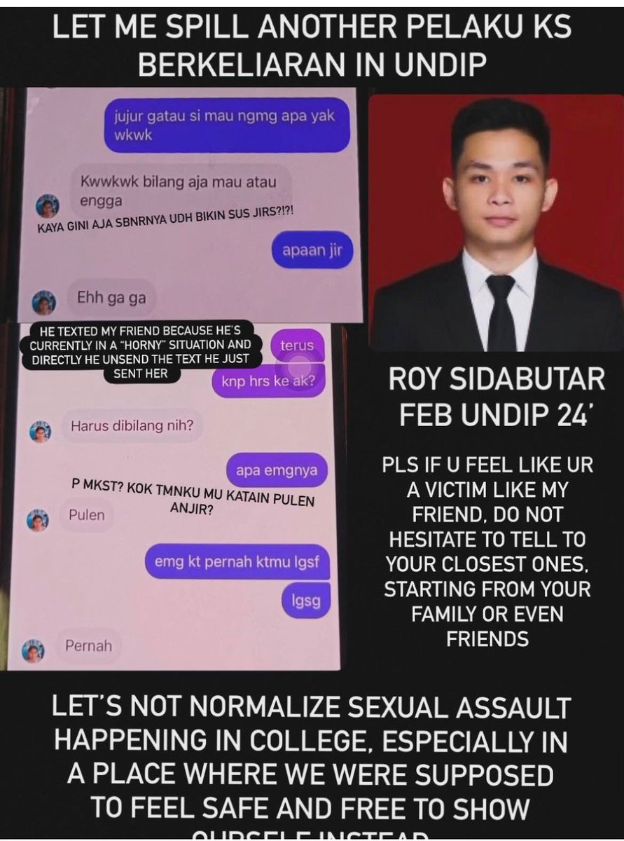 anythngineed's tweet photo. PLIS BANTU VIRALIN, ANOTHER PELAKU KS berkeliaran di Unidp. Korbannya udah banyak bgttt.
kelakuan dari smp gaperna tobat dibawa bawa sampe kuliah.

roy sidabutar, FEB ‘24, Medan, Stosa
#pelakuks
#UNDIP https://t.co/HG86ZSqpKk