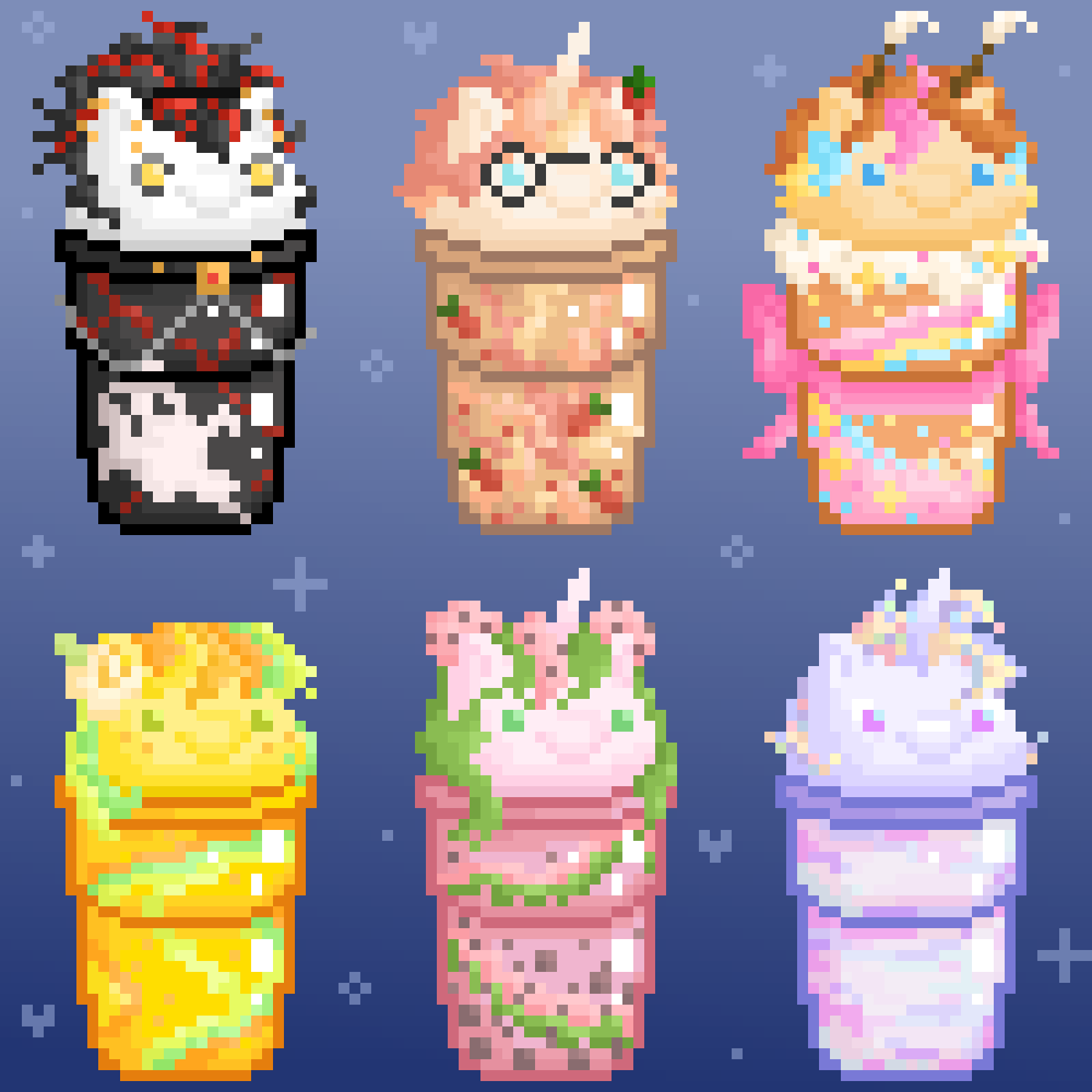 prairiemilk's tweet photo. For AF '25 I decided to try my hand at making more of my “MLP pixel lattes,” but of people’s pony OCs!   
Glitz - pvddingpuppy   
Strawberry - trzysopy  
Sprinkle Bug - @cocopudu   
Lemon Zest - @caninegrove   
Melly - @literallydan   
Opal Moon - @Vliiixx__   
#artfight2025 #mlp https://t.co/Zc2eAaxzik