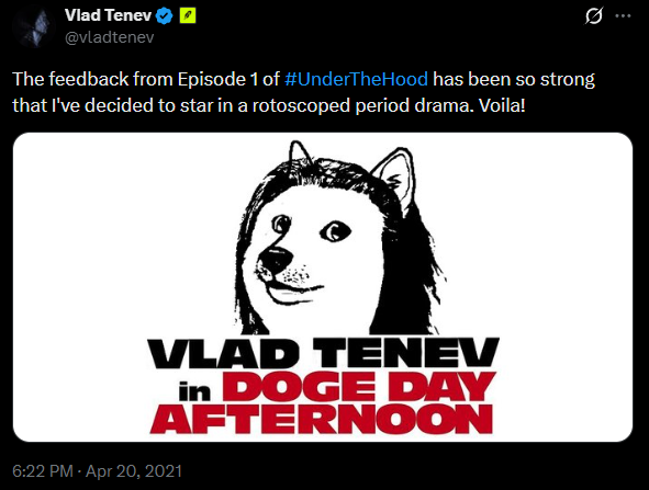 VladDogMeme's tweet photo. JUST IN: Robinhood CEO @vladtenev made his own meme

He's posted it twice now, an image of himself as a dog 👀 https://t.co/q8T1WiWSGC