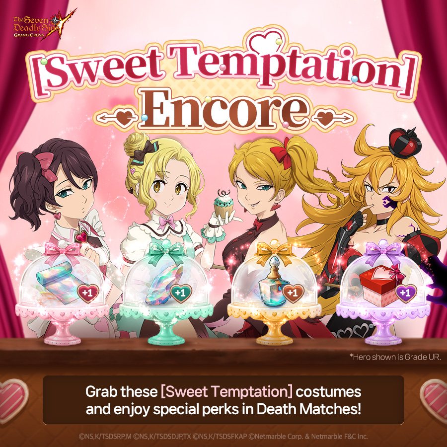 7DS_en's tweet photo. 💘[Sweet Temptation] Costume Encore💘

Sweet Costumes Are Back! 📨
Out of the 4 returning costumes, which one is your favorite⁉️

Share your pick in the comments, then log in to 7DS and 
check out [Sweet Temptation] costume for yourself! 🍩

👀 Details

#TheSevenDeadlySins #7DS