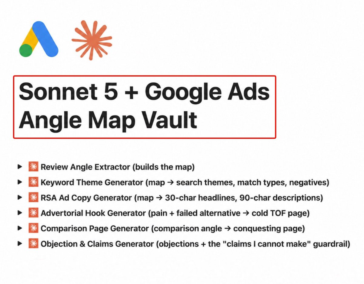 ItsFinlayW's tweet photo. i'm probably going to regret this

but here it is anyway...

the exact Sonnet 5 prompt + playbook i use to turn a brand's reviews into a full Google Ads angle map. 

for 24h, i'm sending it to EVERYONE who likes + comments "GADS" 

(follow me + repost to get it first) https://t.co/AzMRj6XiDj
