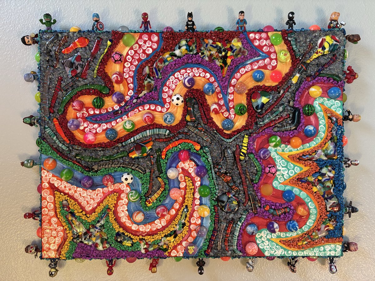 GharrityThomas's tweet photo. Just finished up a new arts &amp; crafts project. Acrylic Paint, Fused Glass, Bouncy Balls, and Mini Superhero Toys on the border on canvas, all held together by a ton of Gorilla Glue. Hope everyone is having a great summer. Have an amazing day!! https://t.co/stlOAkcdnB