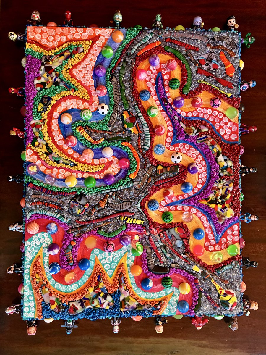 GharrityThomas's tweet photo. Just finished up a new arts &amp; crafts project. Acrylic Paint, Fused Glass, Bouncy Balls, and Mini Superhero Toys on the border on canvas, all held together by a ton of Gorilla Glue. Hope everyone is having a great summer. Have an amazing day!! https://t.co/stlOAkcdnB