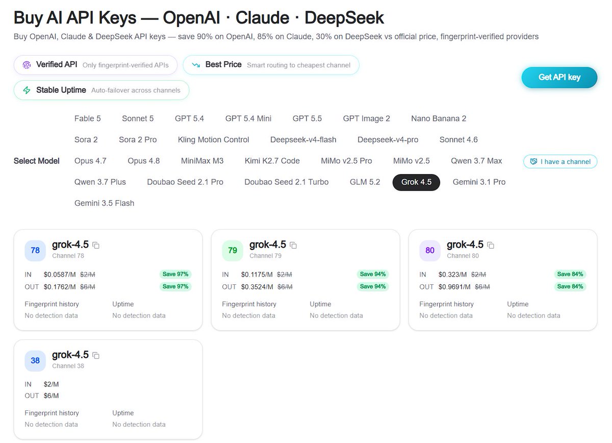 apimasterai's tweet photo. Grok 4.5 is live on https://t.co/MvhOYPw2ug under the model ID grok-4.5, with marketplace routes showing up to 90% off xAI's official list price. xAI lists Grok 4.5 at $2/M input tokens and $6/M output tokens, while APIMaster's discounted channels can lower the effective cost to roughly $0.2/M input and $0.6/M output.

xAI (~90M monthly visits, SimilarWeb estimate) built Grok 4.5 as a frontier model for coding, agentic tasks, and knowledge work. It is the default model of xAI's own coding agent (Grok Build) and ships with configurable reasoning effort, so you can trade latency for depth on a per-request basis.