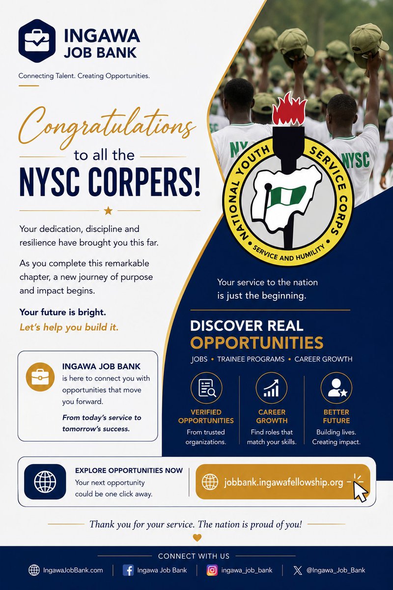 Ingawa_Job_Bank's tweet photo. Congratulations, NYSC Corps Members! 🇳🇬

Your service to the nation may be ending, but your career journey is just beginning. Explore verified opportunities, graduate trainee programmes, and more with Ingawa Job Bank.

Apply now !!!
https://t.co/H4rIrR1oCS

#NYSC #CareerOpportunities #IngawaJobBank