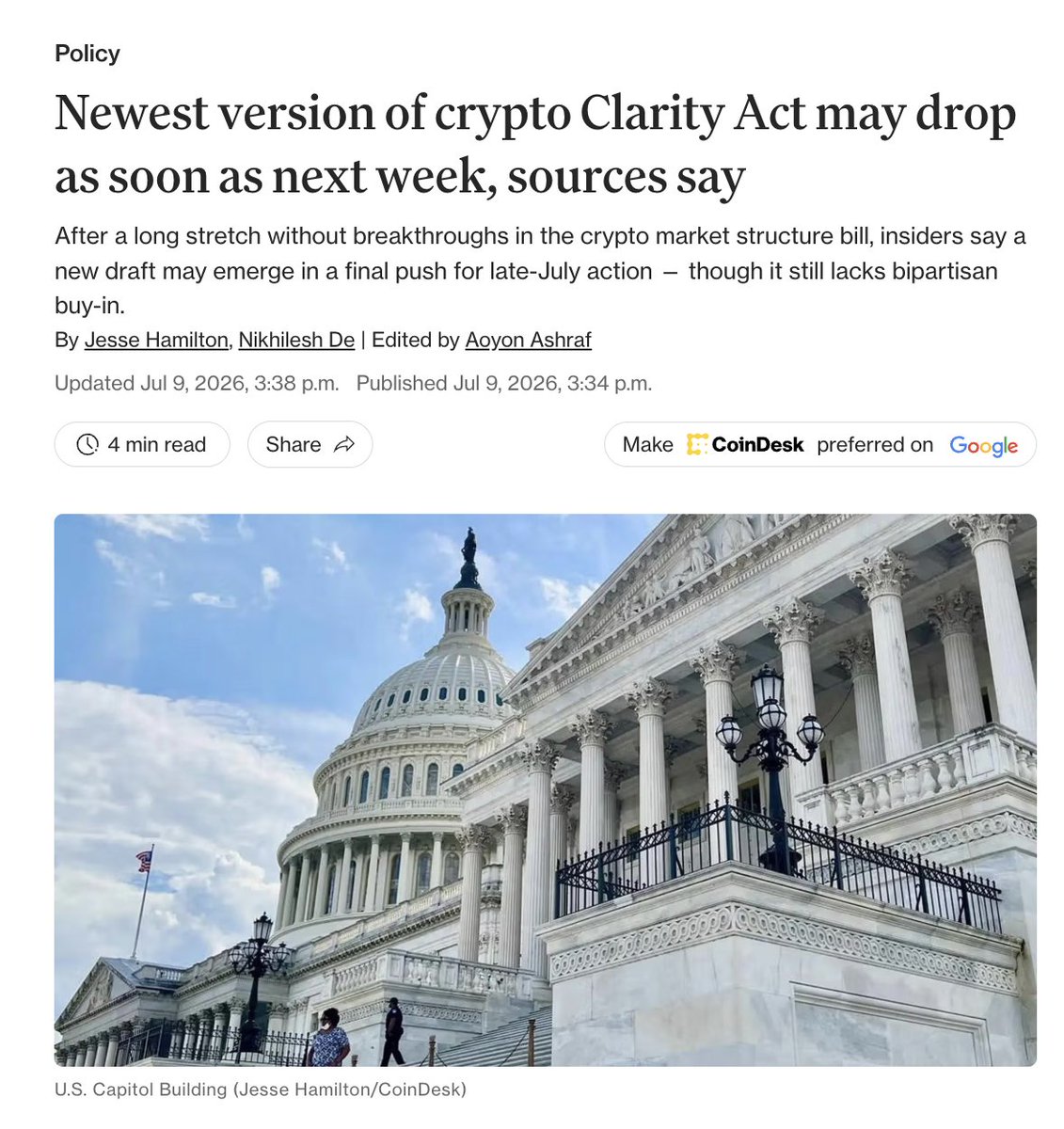 Eze_Wilberforce's tweet photo. 🚨 IT'S HAPPENING: Senate Final CLARITY Act Text Drops next week. 

This is the moment insiders have been fighting to prevent. The bill that could shatter regulatory barriers and unleash an American explosion of innovation and capital. 

Powerful forces are already lining up to water it down or kill it quietly. 

Pass it NOW. No more delays!!