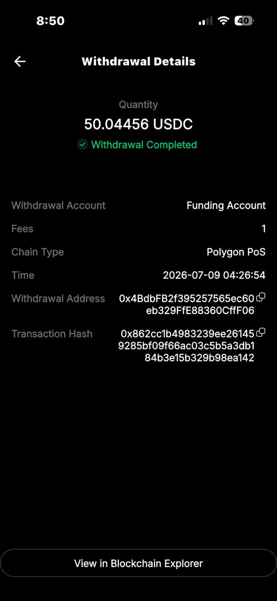 Akinnusi10's tweet photo. @smolwyne On 9 July 2026, I deposited 50.04456 USDC using the Polygon PoS network to the deposit address provided by your platform. The transaction was successfully completed on the blockchain, but my ADI Predictstreet account has still not been credited, even after more than 7 hours https://t.co/o7zjon49G5