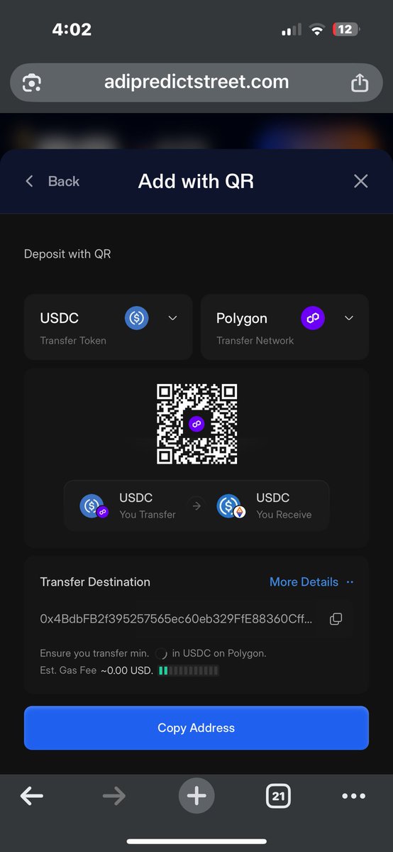 Akinnusi10's tweet photo. @smolwyne On 9 July 2026, I deposited 50.04456 USDC using the Polygon PoS network to the deposit address provided by your platform. The transaction was successfully completed on the blockchain, but my ADI Predictstreet account has still not been credited, even after more than 7 hours https://t.co/o7zjon49G5
