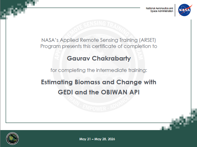 chakrabarty_g's tweet photo. Completed the webinar on "Estimating Biomass and Change with GEDI and the OBIWAN API".
Thanks for some great sessions. 
#nasa #biomass #arset #api #GEDI https://t.co/AQACilb8Rn