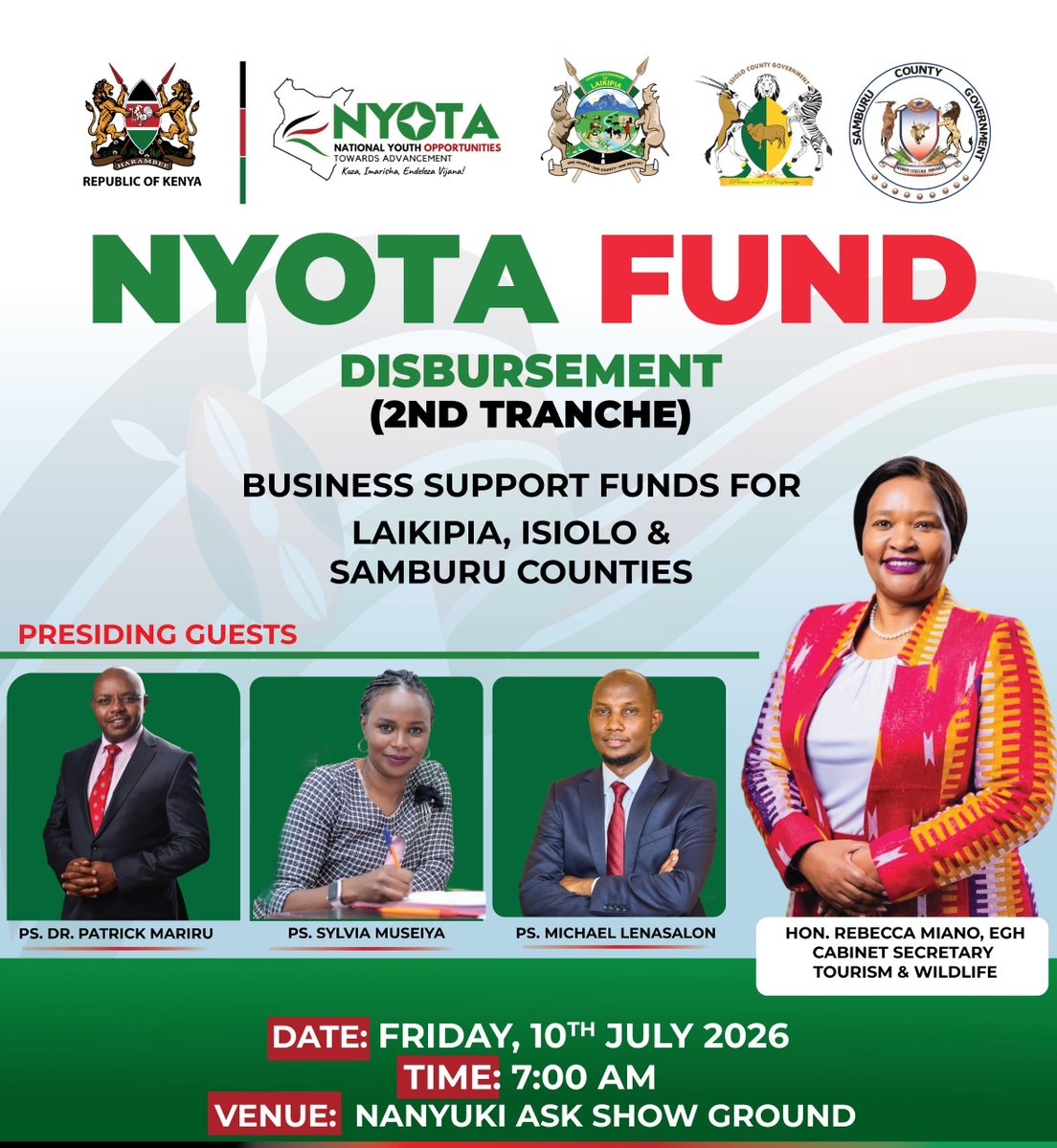 rebecca_miano's tweet photo. Join us tomorrow at the Nanyuki ASK Showground for the NYOTA Phase II regional disbursement covering Laikipia, Samburu and Isiolo Counties.

Led by H.E President @WilliamsRuto we are investing directly in the future of youth-led businesses. 

See you there! 🇰🇪 https://t.co/hF9Z3sFKbr