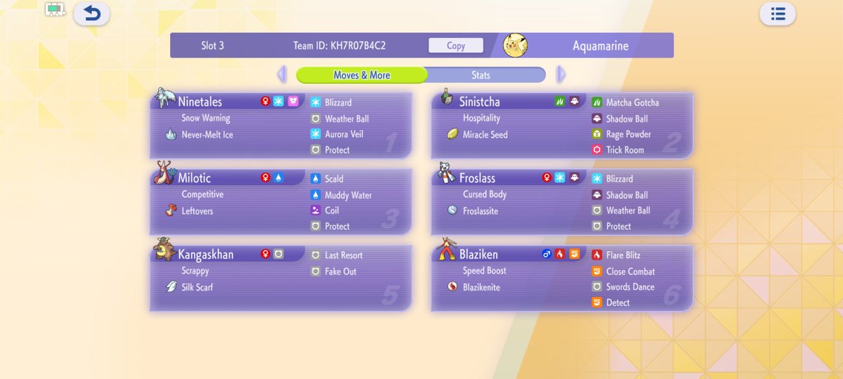 AquamarineVGC's tweet photo. Still creating the team report and event recap, but here's the team code for those wanting to try it out on Champions:

KH7R07B4C2

Listed down below is about all the details such as the moves, items and spreads! 

LMK if you have any Qs for the team and hope you have fun with it https://t.co/eeAAnc0TQ1