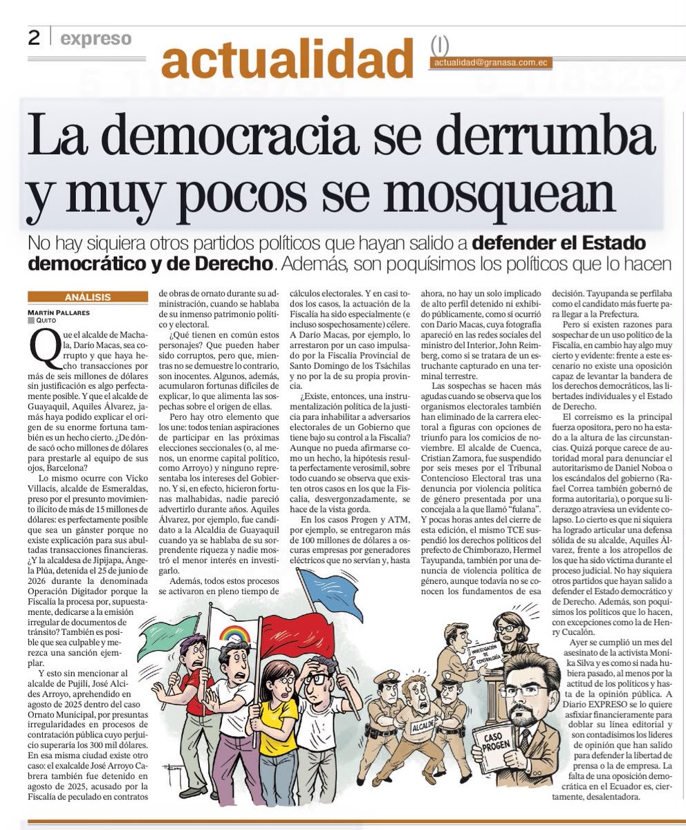 MaJosefaCoronel's tweet photo. “ El correísmo es la principal fuerza opositora, pero no ha estado a la altura de las circunstancias. Quizá porque carece de autoridad moral para denunciar el autoritarismo de Daniel Noboa o los escándalos del gobierno (Ra-fael Correa también gobernó de forma autoritaria), o porque su liderazgo atraviesa un evidente co-lapso. Lo cierto es que ni siquiera ha logrado articular una defensa sólida de su alcalde, Aquiles Álvarez, frente a los atropellos de los que ha sido víctima durante el proceso judicial. No hay siquiera otros partidos que hayan salido a defender el Estado democrático y de Derecho. Además, son poquísimos los políticos que lo hacen, con excepciones como la de @henrycucalon ..” 

Recomendada esta reflexión de @Martinminguchi