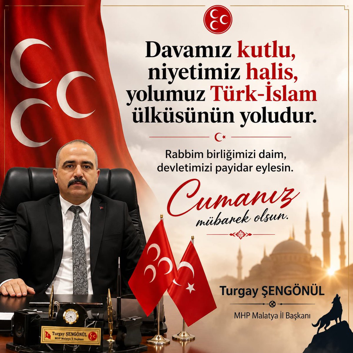 turgaysengonul's tweet photo. Davamız kutlu, niyetimiz halis, yolumuz Türk-İslam ülküsüdür.

Rabbim birliğimizi daim, devletimizi payidar eylesin.

Cumanız mübarek olsun. 

Turgay ŞENGÖNÜL
MHP MALATYA İL BAŞKANI https://t.co/okqHmdjyZz