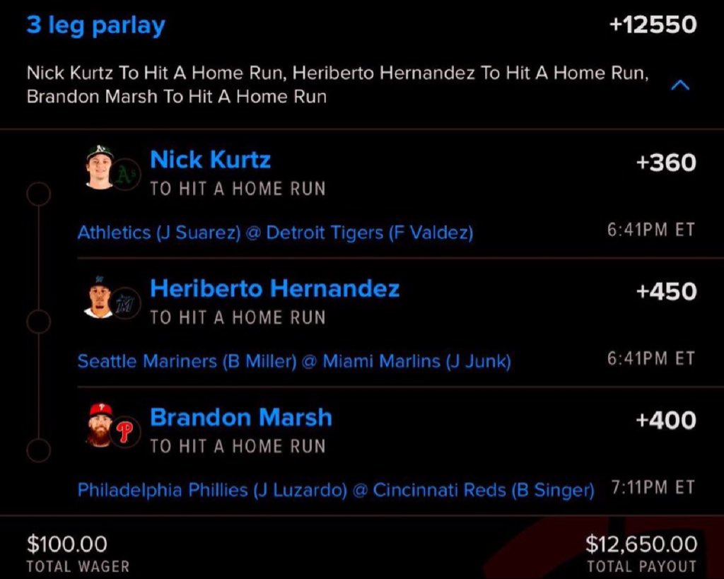 NevilleRVA's tweet photo. 🚨 HR PARLAY OF THE NIGHT 🚨 ⚾🔥

Looking for a massive payout? Here’s tonight’s 3-Leg Home Run Parlay:

💥 Nick Kurtz — To Hit a Home Run (+360)
💥 Heriberto Hernandez — To Hit a Home Run (+450)
💥 Brandon Marsh — To Hit a Home Run (+400)

🎯 Parlay Odds: +12,550

💵 $100 ➜ $12,650

Three power bats. One huge opportunity. If they all leave the yard, this ticket could turn a small stake into a massive payday. Tail at your own discretion and let’s chase another big cash! 🚀💰

#MLB #MLBBets #Baseball #BaseballBets #HomeRun #HRParlay #Parlay #SportsBetting #BettingTwitter #GamblingTwitter #MLBTwitter #NickKurtz #HeribertoHernandez #BrandonMarsh #SportsPicks #WinningPicks #GameDay #BaseballSeason #FanDuel #BigOdds #SportsCommunity #BetSmart #SportsTalk #Viral #FYP