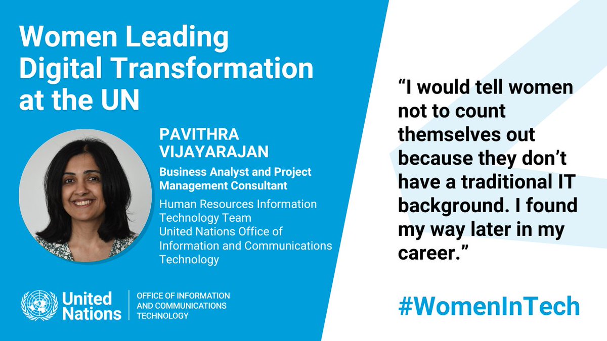 UN_OICT's tweet photo. .@UN_OICT Pavithra Vijayarajan proves there’s no single path into technology. She helps develop responsible AI tools that make UN recruitment more efficient, transparent and human-centered. #WomenInTech https://t.co/lW63kaDrt7 https://t.co/1tq11pj8F6