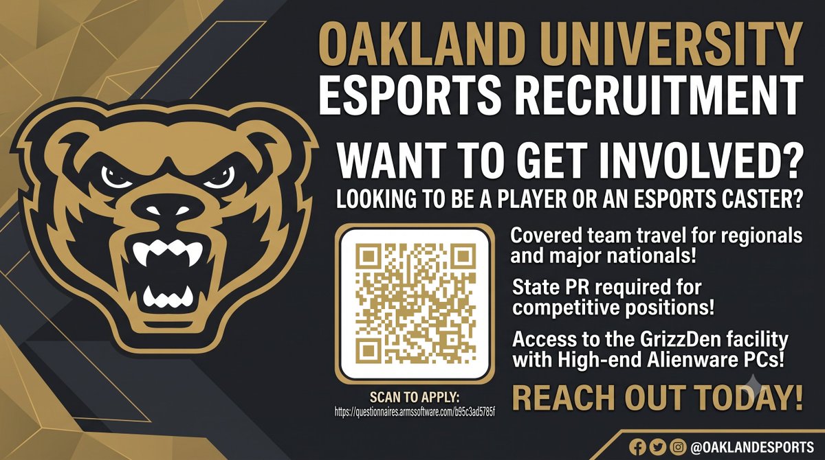 OaklandEsports's tweet photo. 🐻 NOW RECRUITING FOR FALL 2026 & BEYOND 🐻

Want to compete for one of the premier collegiate esports programs in the nation? Oakland Esports applications are officially open! Scholarships available for Overwatch and Smash!

Ready to secure your spot? Scan the graphic or click below to apply today! 👇 🔗https://t.co/lzZxgftHBB
