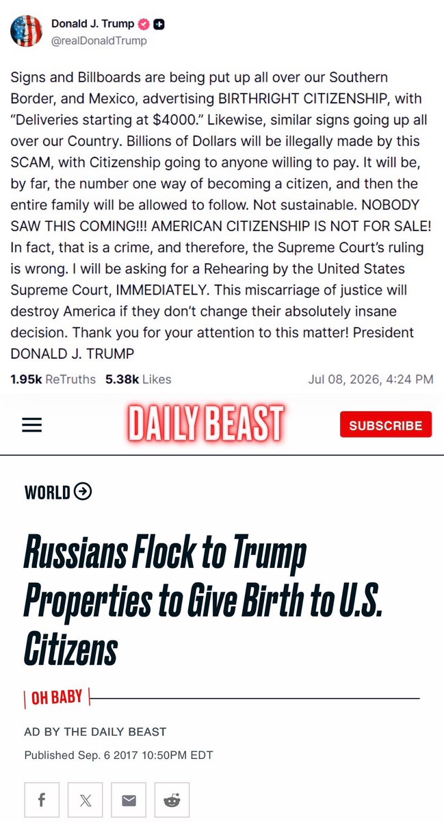 BigRedCeltTT's tweet photo. Trump wants SCOTUS to review the birthright citizenship case again. He claims his reason is billboards advertising birth tourism in places like Mexico. 

“Weird” he doesn’t care about it when Russians were advertising birth tourism and using his properties. https://t.co/ddO17z5cKw