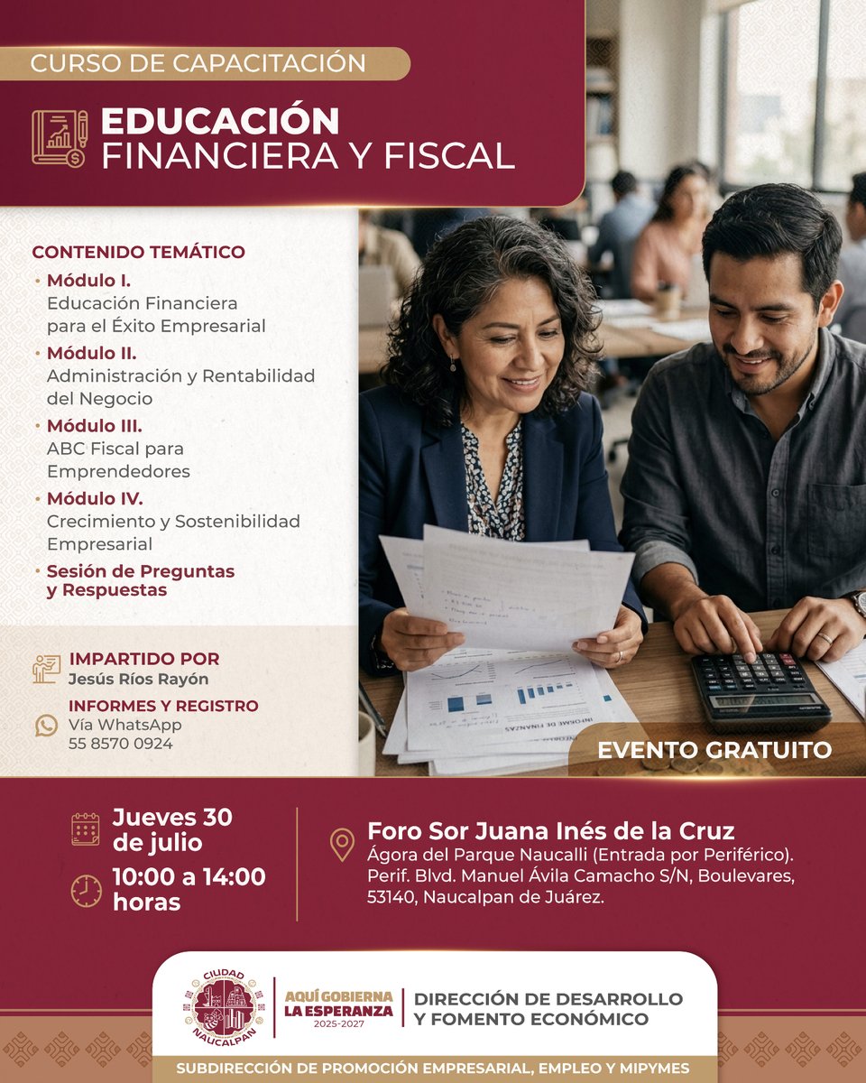 GobNau's tweet photo. Fortalece tu emprendimiento con herramientas que impulsen su crecimiento. 📈💼

Participa en el curso gratuito de Educación Financiera y Fiscal y adquiere conocimientos para administrar mejor tu negocio.

👉Consulta todos los detalles en la imagen.

#AquiGobiernaLaEsperanza #Naucalpan #ImpulsandoElEmpleo