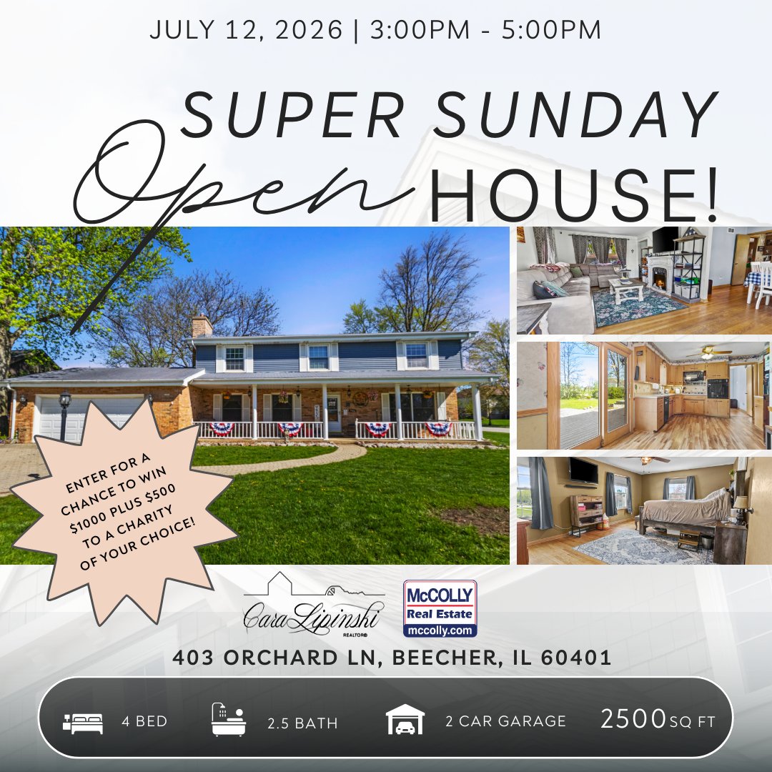 RealtyProCara's tweet photo. 🏡✨ BEECHER NEW PRICE & SUPER SUNDAY OPEN HOUSE ALERT! ✨🏡

Looking for the perfect blend of timeless charm, massive space, and a vibrant community? This is the one you’ve been waiting for! Now offered at an incredible new price point of $300,000, this beautiful 4-bedroom, 2.5-bathroom traditional two-story is ready for its next chapter. 🌟

Come tour it in person this weekend:  

📅 WHEN: Sunday, July 12th, 2026

⏰ TIME: 3:00 PM - 5:00 PM

📍 WHERE: 403 Orchard Ln, Beecher, IL 60401

Why you will fall in love:

🌳  Exceptional Curb Appeal: Premier 1/3-acre corner lot with a stunning paver driveway and a deep, covered country front porch!

🔥  Cozy Flex Space: Main-floor den with a wood-burning fireplace—perfect for a home office or hobby space.

🍳  Spacious Eat-In Kitchen: Expansive eat-in kitchen featuring sharp black appliances, a charming garden window and solid surface countertops.

🛏️ Generous Upper-Level Suite: 4 generously sized upper-level bedrooms, including a grand primary en-suite with a huge walk-in closet!

📦  Room to Expand: A full, unfinished basement offering unlimited potential for future square footage.

☀️  Private Backyard Sanctuary: An outdoor backyard oasis boasting a maintenance-free composite deck, custom wrap-around tree bench, and a dedicated fire pit area.

🔧 Many Updates: A Furnace & AC (2023), microwave (2025), commodes (2026), garage door opener unit & track (2022) and more.

🔒 Bonus Perk: The seller is including a 1-year home warranty for added peace of mind!  

📍 Incredible Location: Perfectly located less than a mile from fantastic local parks, walking trails, pickleball courts, and a vibrant dining scene!  

🚗💨 Commuter Friendly: Only a 45-minute drive to Chicago or 15 minutes to the Metra commuter train. 

Don't miss this fantastic opportunity. See you this Sunday! 👋👇

#BeecherIL #BeecherRealEstate #WillCountyRealEstate #OpenHouse #RealtyProCara #McCollyRealEstate #WannaBuyAHouse