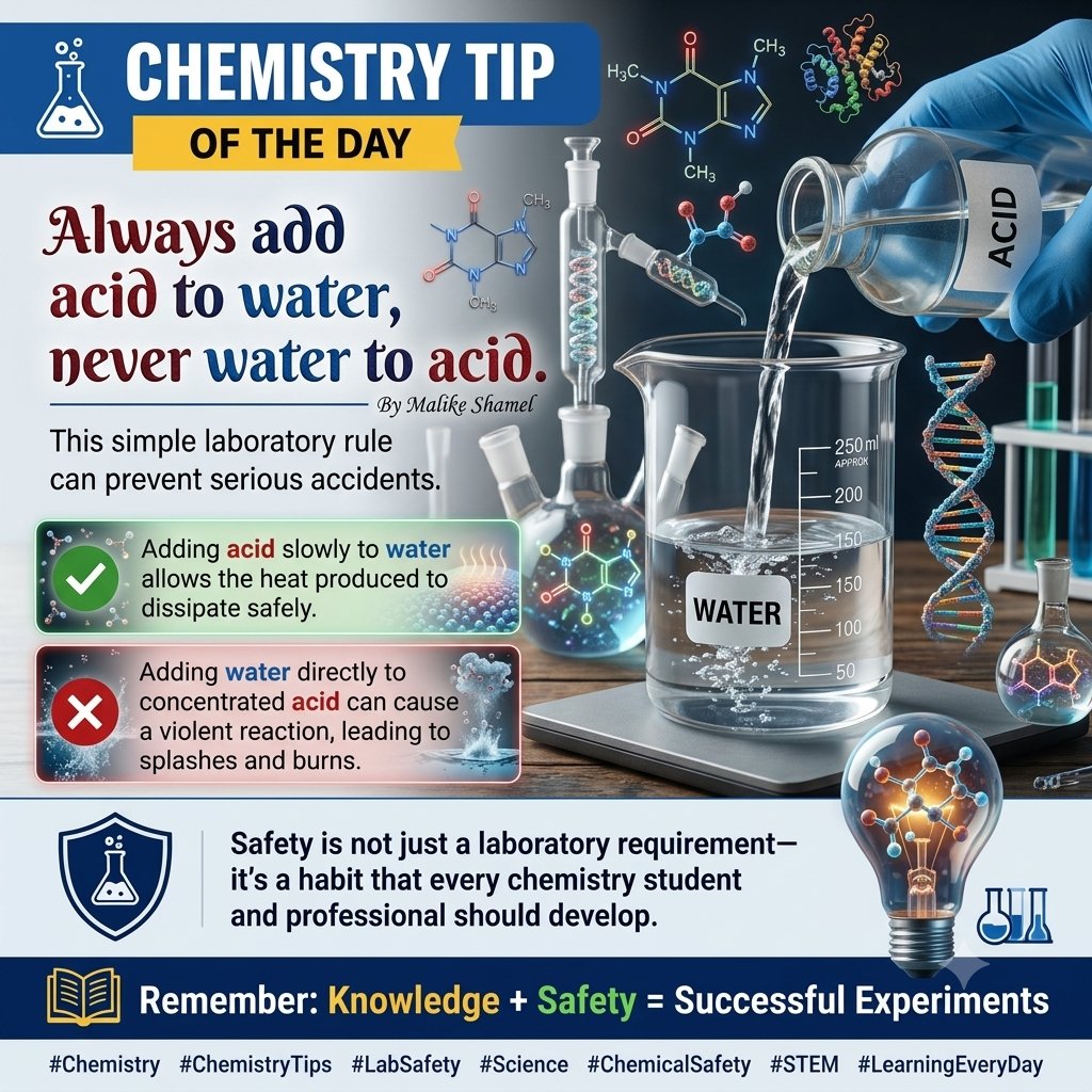 shamel_malike_'s tweet photo. Laboratory Safety: Always add acid to water, never water to acid. https://t.co/9X2woHfcUG