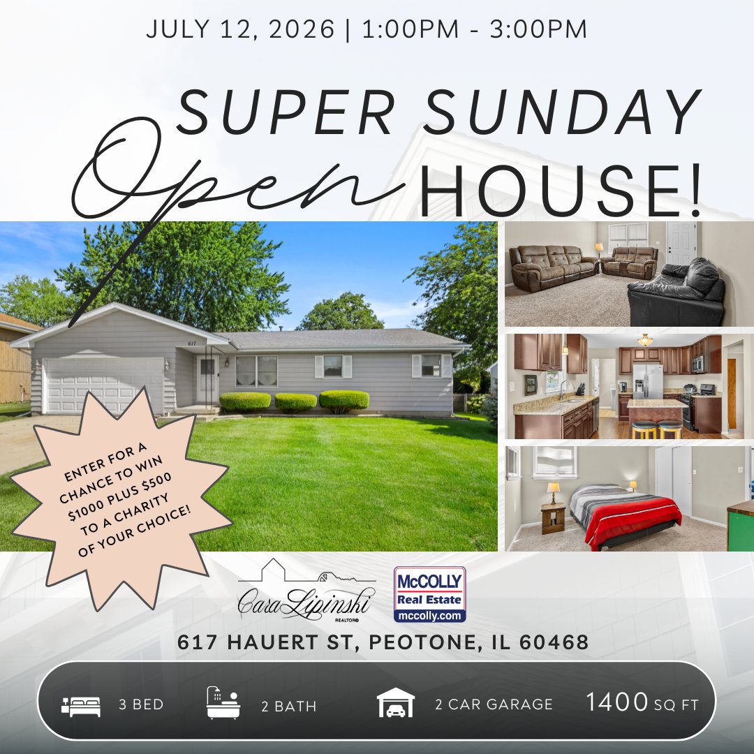 RealtyProCara's tweet photo. 🏡✨ PEOTONE SUPER SUNDAY OPEN HOUSE ALERT! ✨🏡

Small-town charm and modern, low-maintenance living await! This gorgeous 3-bedroom, 2-bathroom gem in the heart of Peotone has everything you've been searching for. 

Come tour it in person this weekend:  

📅 WHEN: Sunday, July 12th, 2026

⏰ TIME: 1:00 PM - 3:00 PM

📍 WHERE: 617 Hauert St, Peotone, IL 60468

Why you will fall in love:

✨ Bright Open Layout: An inviting, airy floor plan featuring stylish light fixtures and crisp, neutral walls—the ultimate blank slate for your personal decor. 

🍳 Massive Eat-In Kitchen: Beautifully anchored by hand-scraped, pre-finished luxury wood laminate flooring, complete with a breakfast bar island, granite countertops, an undermount sink, and premium stainless steel Frigidaire appliances!

🛁 Cohesive Modern Baths: Elegant mocha raised-panel cabinetry flows seamlessly into both full bathrooms, where you'll find pristine tub-to-ceiling travertine-look porcelain tile and a custom horizontal mosaic inlay. 

🔧 Smart, Practical Features: Equipped with a whole-house fan, an extra-deep crawl space, and a fantastic garage boasting an epoxy floor, separate service door, and pull-down attic stairs. 

🌳 Outdoor Space: Sliding glass doors effortlessly extend your living space out to a relaxing patio overlooking a large, lush green yard. 

🔒 Bonus Perk: The seller is including a 1-year home warranty for added peace of mind!

📍 Incredible Location:  Located super close to all your everyday conveniences. Less than a mile from fantastic local parks, walking trails, pickleball courts, and a vibrant dining scene! 

🚗💨 Commuter Friendly: Perfectly situated along the I-57 corridor—just 15 minutes to the major retail/dining hub in Bourbonnais. Only a 50-minute drive to Chicago or 15 minutes to the Metra commuter train.

Unpack, settle in, and fall in love with your new home. See you this Sunday! 👋👇

#PeotoneIL #PeotoneRealEstate #WillCountyRealEstate #OpenHouse #RealtyProCara #McCollyRealEstate #WannaBuyAHouse