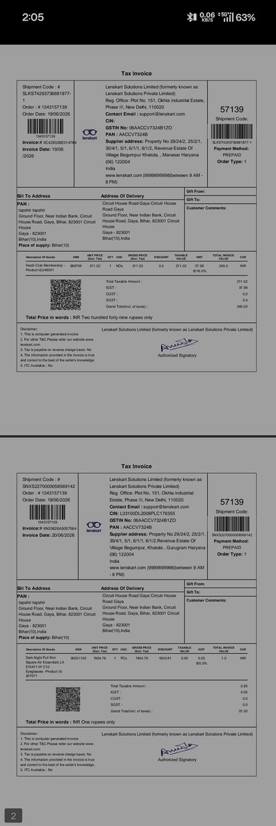 ShrikarBangera's tweet photo. Very disappointed with @Lenskart_com . I bought the Hustlr Club Membership to avail the complimentary frame, but it's still not delivered. No proper update or resolution despite waiting. Please resolve this issue immediately. Order ID: 1343 157139

Invoice attached https://t.co/W39KvtIAf7