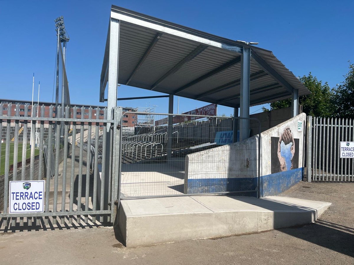CLGLaois's tweet photo. Great progress being made on our latest project, a new covered viewing area for wheelchair and other patrons. It’s a further step to making Laois Hire O’Moore Park one of Irelands most accessibility friendly stadiums. Supported by GAA central funding. Thanks to all involved https://t.co/owWjpIP77l