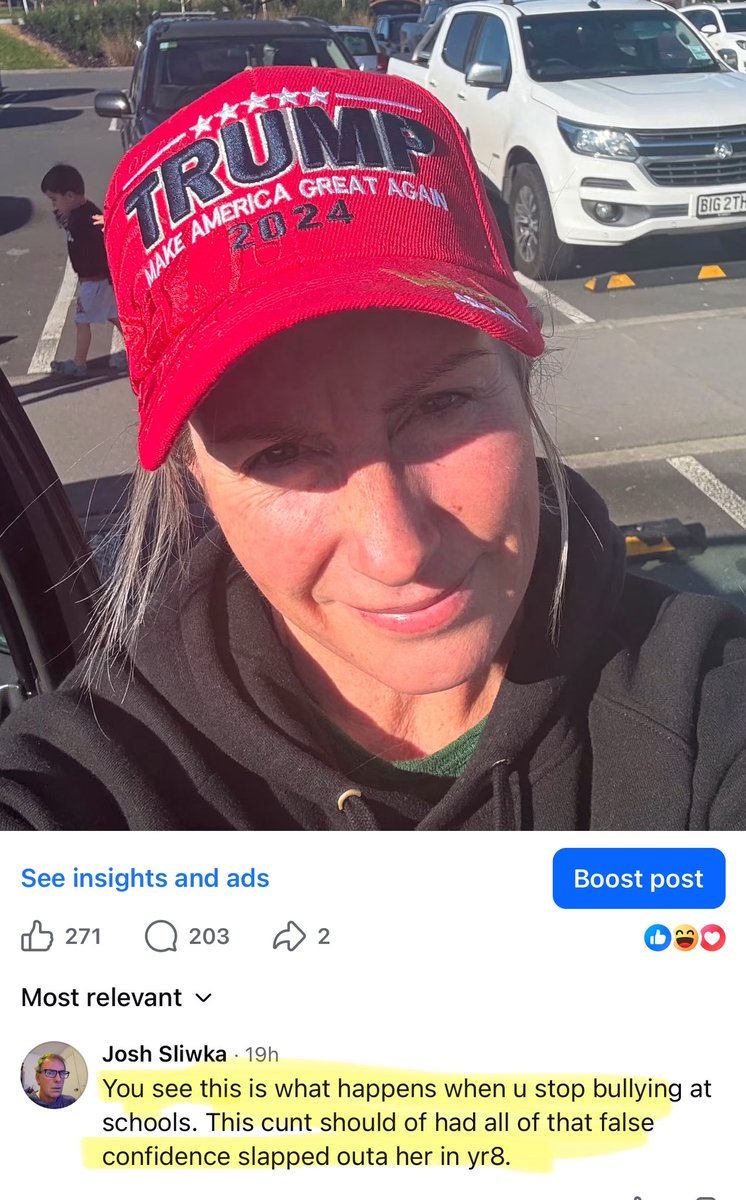 pennymarienz's tweet photo. THIS WAS A SOCIAL EXPERIMENT. MY FINDINGS ARE TROUBLING. 

It is not a matter of agreeing or disagreeing. 
It goes WAY beyond that. 

Trump triggers such a visceral reaction in people, that it’s impossible to have reasonable dialogue, and actually becomes unsafe. Unsafe! For wearing a hat!!

If you are a person who has that visceral reaction… it’s YOU who needs to pause and think… am I being the change I wish to see in the world??

Because the level of TDS in New Zealand presents like a mental health condition. In comparison… while you may not LIKE or AGREE with me (which I totally respect)… you’ll never find me behaving like this, harassing individuals like this, or losing my mind at things I disagree with. 

It’s also interesting on my original post how many people say I’m seeking attention. No. I’m generating dialogue. I’m allowed to. Without being slapped down. 

What do you think people are doing when they wave 🏳️‍🌈🏳️‍⚧️🇵🇸 flags? That’s attention seeking. And coercive social behaviour. 

To be on the side of an actual minority opinion here in NZ takes big balls. The NZ population is suffering from propaganda-induced derangement and extreme polarisation, the likes of which has never been experienced in my lifetime. And it’s deeply troubling.

Latest Facebook comment, from some guy in Australia…