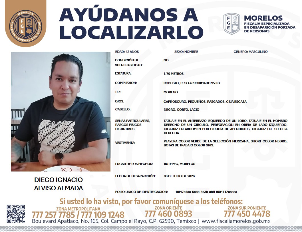 Fiscalia_Mor's tweet photo. #FiscalíaMorelos solicita su colaboración para la búsqueda y localización de DIEGO IGNACIO ALVISO ALMADA  de 42 años de edad. https://t.co/WKCYUE7ARp