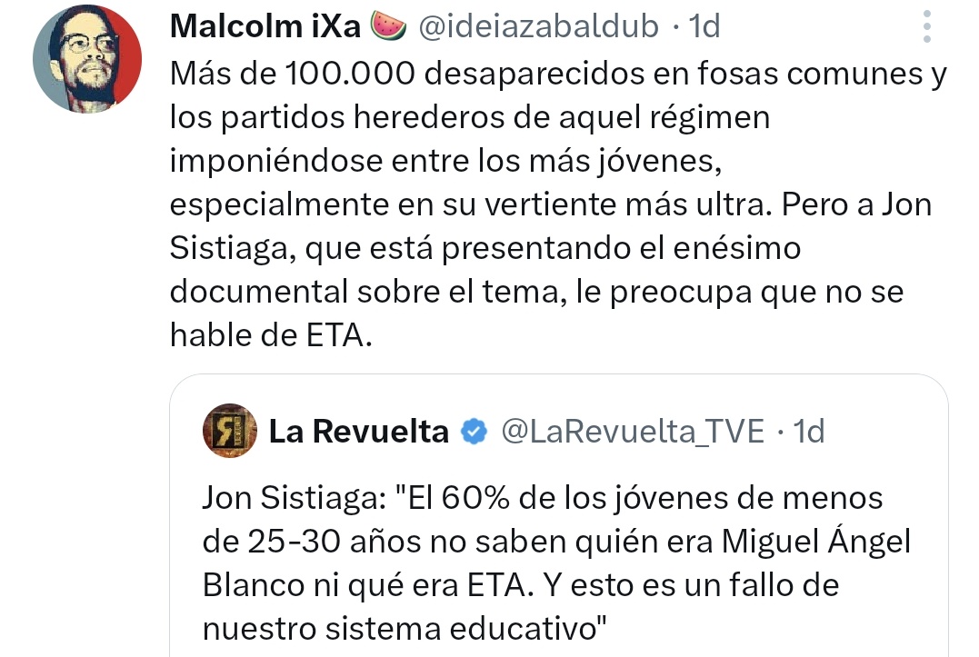 JosemaVallejo's tweet photo. Ha sido decir Sistiaga que los jóvenes no saben qué fue ETA y aparecer toda la batasunada mugrienta a hablar de Franco.

Nadie estaba hablando de Franco, pero ellos tienen que justificar que admiran a ETA y sus tiros en la nuca. 

No se atreven a decirlo así, pero lo piensan. https://t.co/XLJjEARR0Z