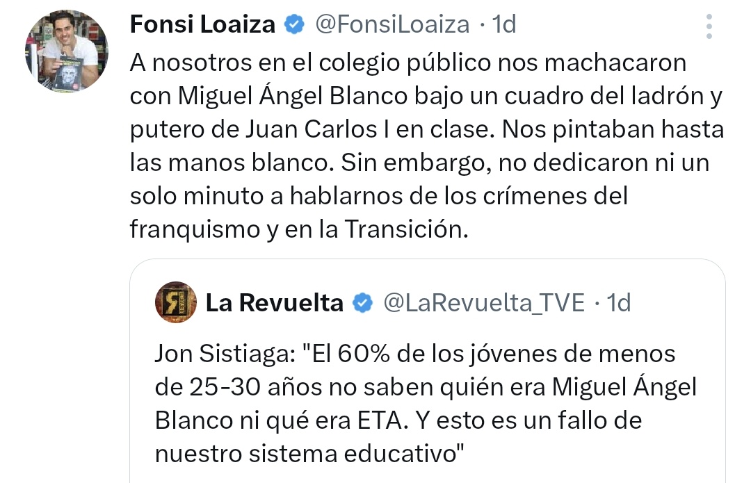JosemaVallejo's tweet photo. Ha sido decir Sistiaga que los jóvenes no saben qué fue ETA y aparecer toda la batasunada mugrienta a hablar de Franco.

Nadie estaba hablando de Franco, pero ellos tienen que justificar que admiran a ETA y sus tiros en la nuca. 

No se atreven a decirlo así, pero lo piensan. https://t.co/XLJjEARR0Z