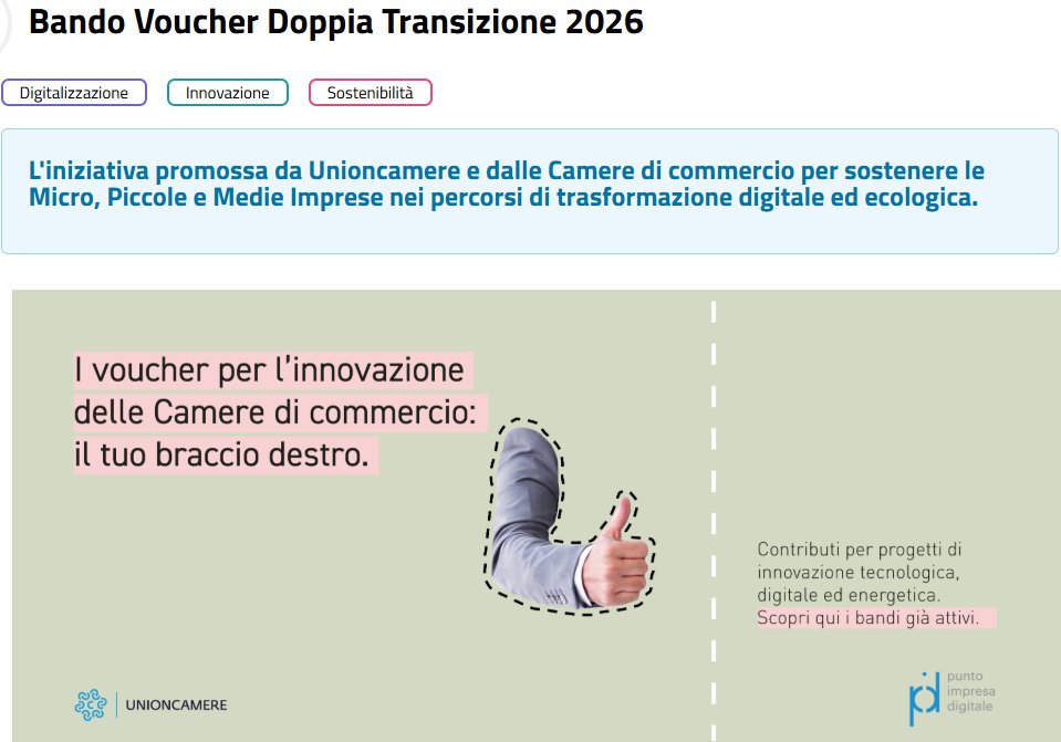 PID_CamCom's tweet photo. Vuoi investire in innovazione e sostenibilità?
Con il Voucher Doppia Transizione 2026 puoi ottenere un contributo per la tua PMI
I PID delle Camere di commercio ti supportano nella predisposizione della domanda
Consulta anche la nuova sezione FAQ dedicata
https://t.co/nSj2Sdj9l6 https://t.co/gbPkfTJgOw