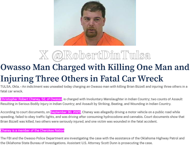 RobertDinTulsa's tweet photo. 🚨IT'S ABOUT DAMN TIME UPDATE:
This is the tribal member the media, among others that you know*, that have been hiding the identity of the driver that slammed into and killed the Tulsa firefighter in Collinsville late Sep2025.

I know more about this.*

As usual, putting a face to a name when the professional sources choose not to, in this case, to protect a tribal member.  Think I'm kidding?  They posted their version of this story hours ago and refused to show his face.

No agendas.  Just post the truth.

H/t @Liborio4 on the indictment.
I've been waiting on this one!

Please share and interact.  It's the only way to push a post out of the initial part of the algorithm.