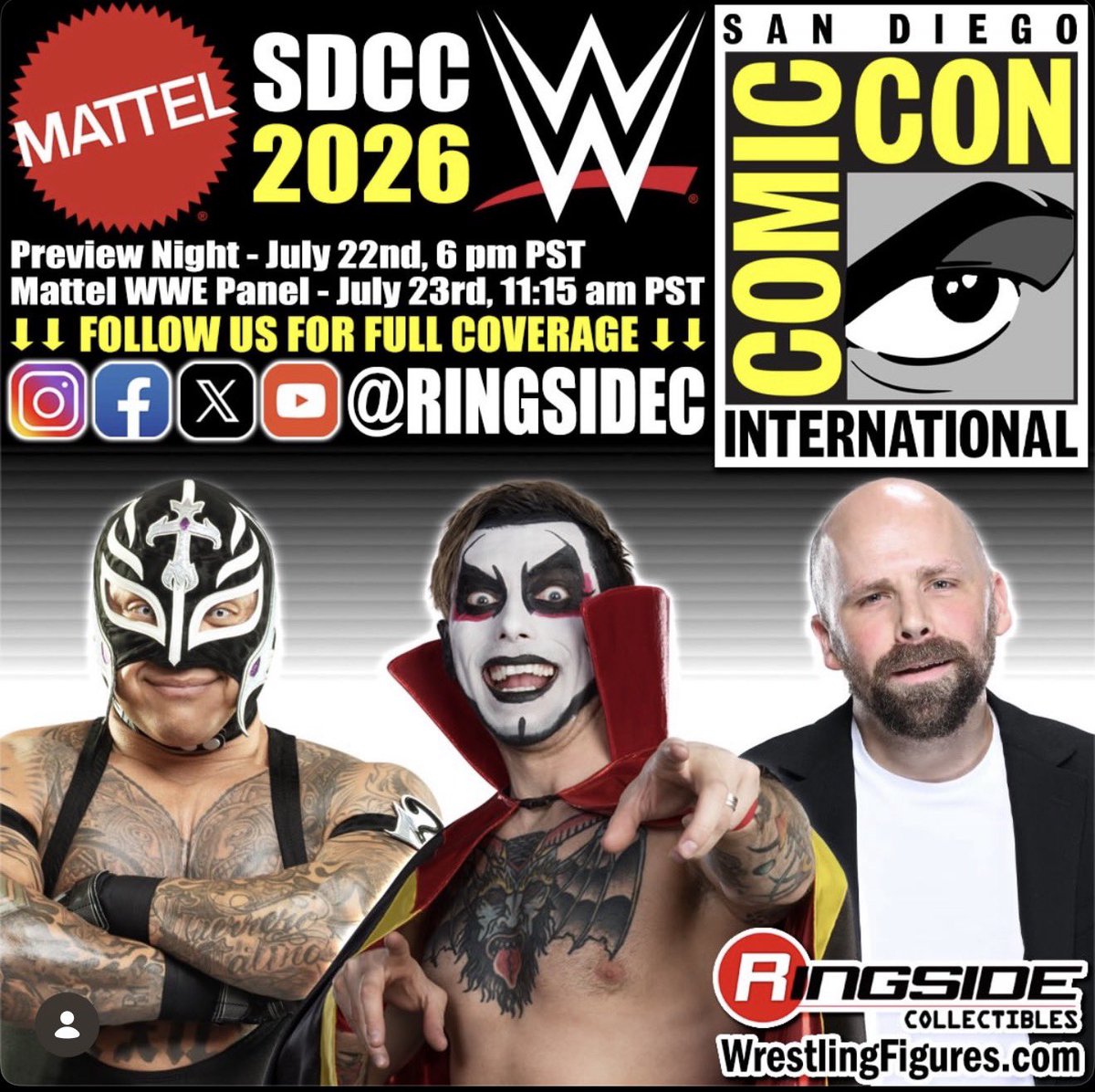 DanhausenAD's tweet photo. Danhausen returns to SDCC for REVEALS 

With my great father like friend REY MYSTERY-O

And Sam Robertson (pictured next to Danhausen as bald) https://t.co/lSzFat3JQK