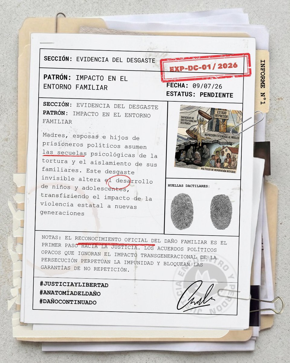 JEPvzla's tweet photo. La narrativa oficial suele reducir la prisión política a una cifra o a una celda, ignorando deliberadamente que la tortura y el aislamiento son armas de destrucción familiar. En el contexto actual de Venezuela, tras dos semanas del doble terremoto, la urgencia de exigir la libertad de los presos políticos adquiere una dimensión de vida o muerte. 

Las familias de los detenidos están asumiendo las secuelas de un trauma secundario que se multiplica exponencialmente cuando el desamparo estatal se combina con la pérdida de viviendas, enseres o, en los casos más dolorosos, de seres queridos debido al desastre natural. ¿Cómo se reconstruye una vida cuando tu hogar está en ruinas y tu principal apoyo emocional está detenido por motivos políticos?

Prolongar el confinamiento de los prisioneros políticos en un momento de crisis generalizada, negándoles el derecho humano básico de proteger y acompañar a sus familias en el duelo, es una prolongación de la violencia de Estado. Los acuerdos opacos que pretenden pasar la página sin atender el impacto psicosocial y transgeneracional en los hijos de los perseguidos solo garantizan la repetición del trauma en el futuro. 

La demanda por la libertad no puede esperar a que se recojan los escombros físicos; la reparación del tejido social venezolano comienza por detener el desgaste invisible de sus familias y garantizar que la justicia sea un pilar fundamental para la no repetición.

#JusticiaYLibertad #AnatomíaDelDaño #EvidenciaDelDesgaste