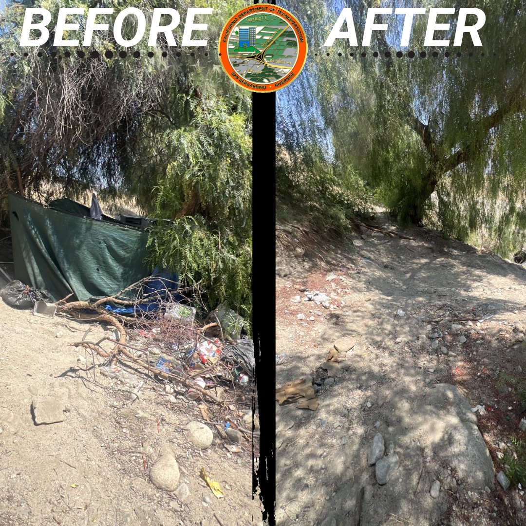 Caltrans8's tweet photo. 🗑️💙For the safety of the traveling public and community, Caltrans crews removed 10 cubic yards of debris from the State Right-of-Way. This week, we removed an encampment located at SR-210 near Lugonia Ave, in Redlands, offering services to all reachable, impacted individuals. https://t.co/q3REf4LELy