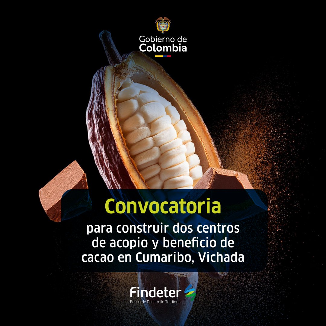 Findeter's tweet photo. #ConvocatoriasFindeter | Está abierta la convocatoria para contratar la elaboración de los estudios, diseños, construcción y dotación de dos centros de acopio y beneficio del grano de cacao en Cumaribo, Vichada.

Conoce los detalles: https://t.co/BbSJ9PBeqo https://t.co/TBALZruvRf